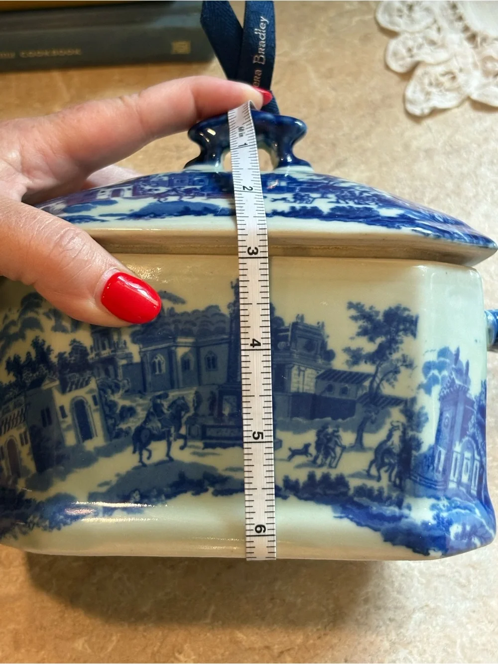 VTG Chinoiserie Ceramic Lidded Canister Trinket Box Set Transferware Style